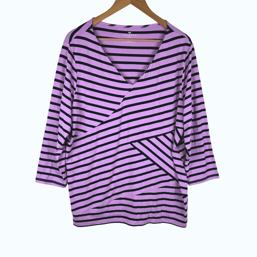 NWT Talbots Woman 3/4 Sleeve Top 2X Purple Navy Striped Everyday Stretch Casual